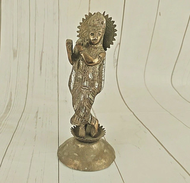 Old Vintage Beautiful Golden Polished  Hindu God Krishna Aluminium Statue
