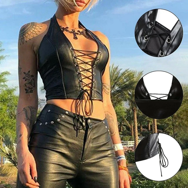 Women Gothic Patent Leather Tank Top Lace-Up Wet Look Corset Bra Vest Clubwear