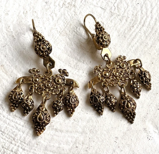 Boucles D'oreilles Anciennes Plaqué Or Années 1930/40 Avec Pierre Bleue - Dormeuses Vintage Pendantes
