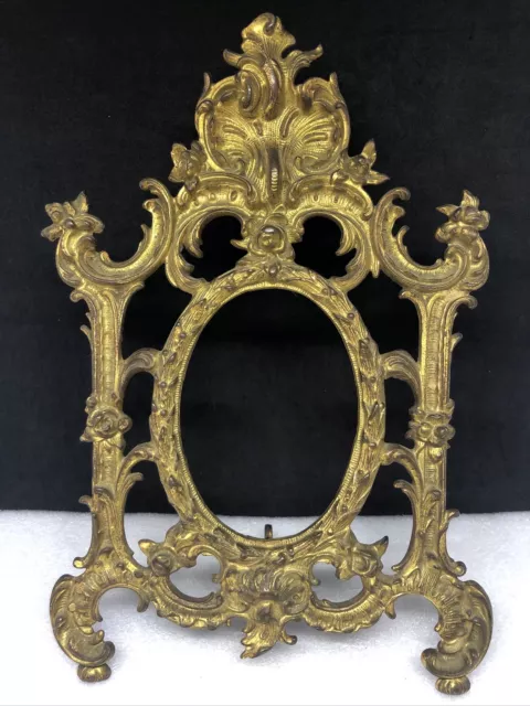 Vtg Ornate Brass Oval Picture Frame Easel Back Table Photo Mirror, Marked 8875