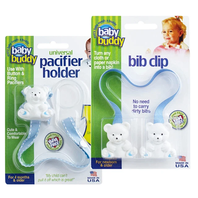 Baby Buddy Bundle Universal Pacifier Holder Blue White and Bib Clip Blue Clean
