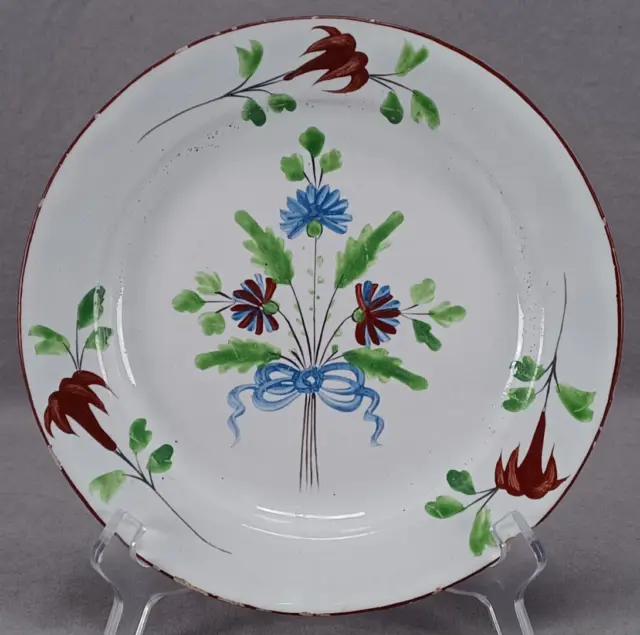 Mid 18th Century English Delft Hand Painted Blue & Red Cornflowers 9 Inch Plate