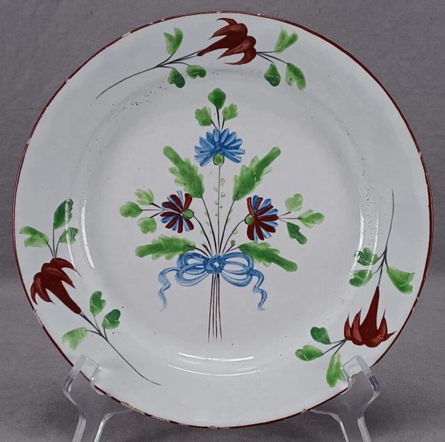 Mid 18th Century English Delft Hand Painted Blue & Red Cornflowers 9 Inch Plate