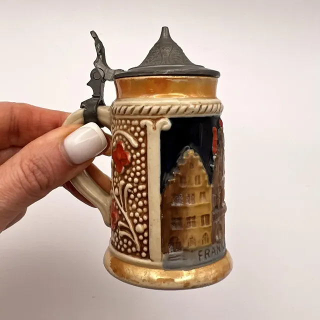 1970 Vintage Miniature Beer Mug Frankfurt Ceramic Pewter Collectible Marked 9cm