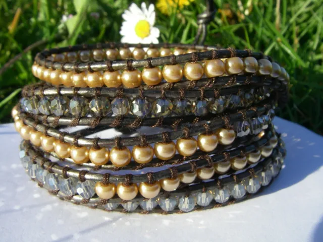 5 wraps bracelet perles dorées mix AB cristale golden Pearls Crystal leather 2