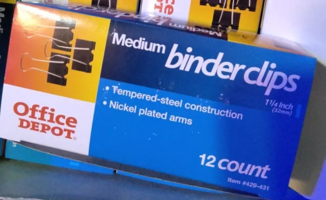 Office Depot  - 1  1/4 in 32mm) Medium BINDER CLIPS 12 COUNT BOX - New Unopened