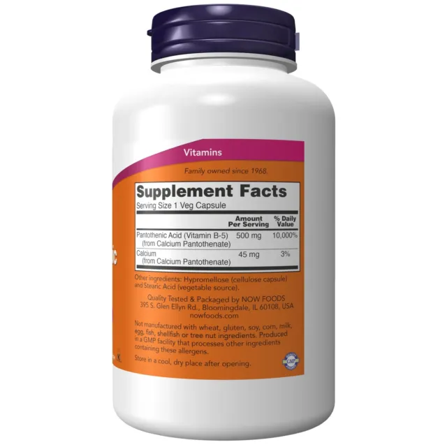 NOW Foods vitamine B5 acide pantothénique 500 mg 250 capsules végétariennes métabolisme 2