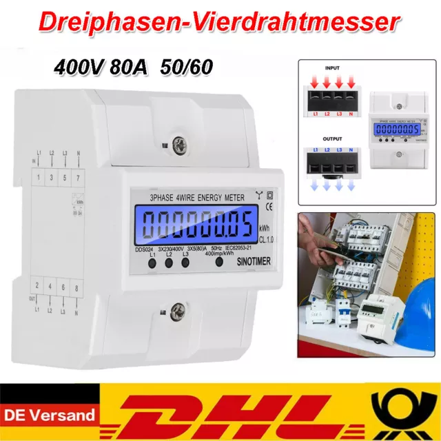 Drehstromzähler geeicht für DIN Hutschiene + 3x5(80)A 230/400V 3 Phasen 4 Draht