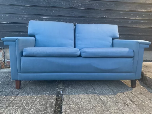Vintage retro Danish mid century 60s 70s 2 seater sofa couch Blue wool wood legs