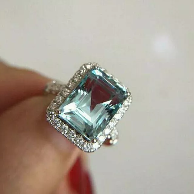 5Ct Emerald Cut Aquamarine & Diamond Halo Engagement Ring 14K White Gold Finish