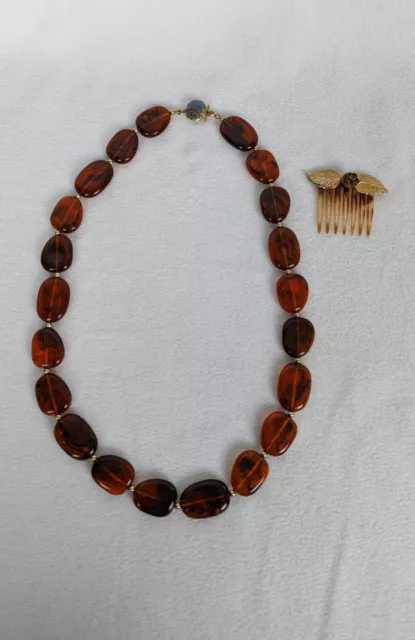 Vintage Necklace Brown Marena Handarbeit w hair comb Handmade Germany Art Deco