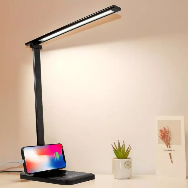 Woputne Desk Lamp, Dimmable Bedside Lamps with USB Charging Port, 5 Light Modes