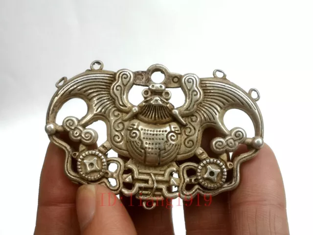 Collection Chinese Tibet Silver Hand-made auspicious Bat Necklace Pendant Gift