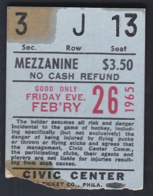 Feb. 26, 1965 AHL Baltimore Clippers vs. Quebec Aces Ticket Stub