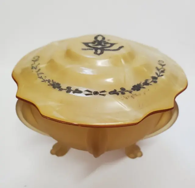 Vintage Art Deco Amber Frosted Glass Vanity Powder Jar Footed with Celluloid Lid