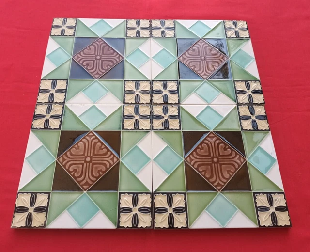 4 Piece Set Floral Design Embossed Old Art Majolica Ceramic Tiles Japan 0283 2