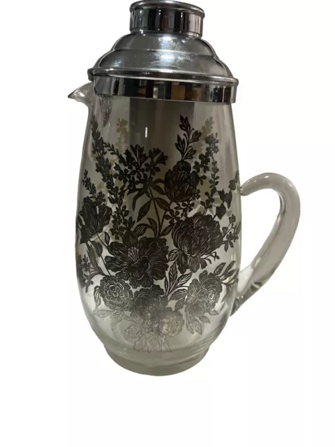 MCM Clear Glass Silver OVERLAY Flowers Leaves Floral Vintage Pitcher W/Ice Caddy