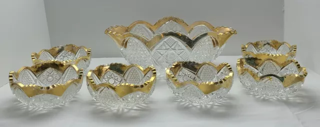 7 Crystal Cut Glass Bowls Gold Gilded Edge Star Hobnail Sawtooth Scalloped Edge
