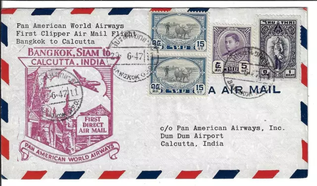 Thaïlande Inde 1947 First Direct Aérien Courrier Pan Am Clipper Bangkok To