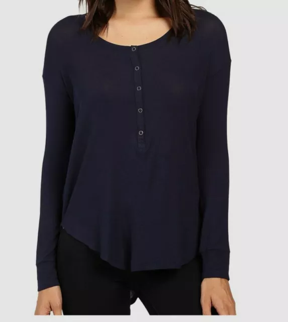 $129 Splendid Women's Blue Drapey Lux Henley Basic Long Sleeve Top Size M