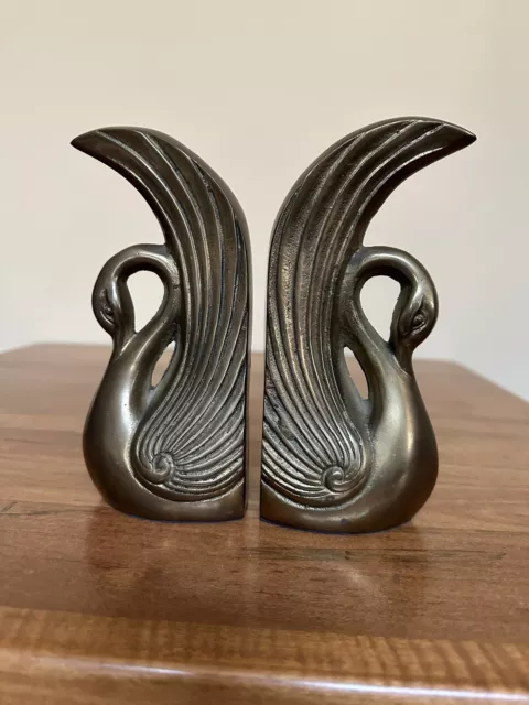 Vintage Solid Brass Swan Bookends