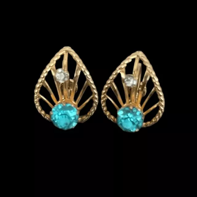 Van Dell 12kt Gold Filled Signed Blue Rhinestone Earrings Openwork Filigree VTG