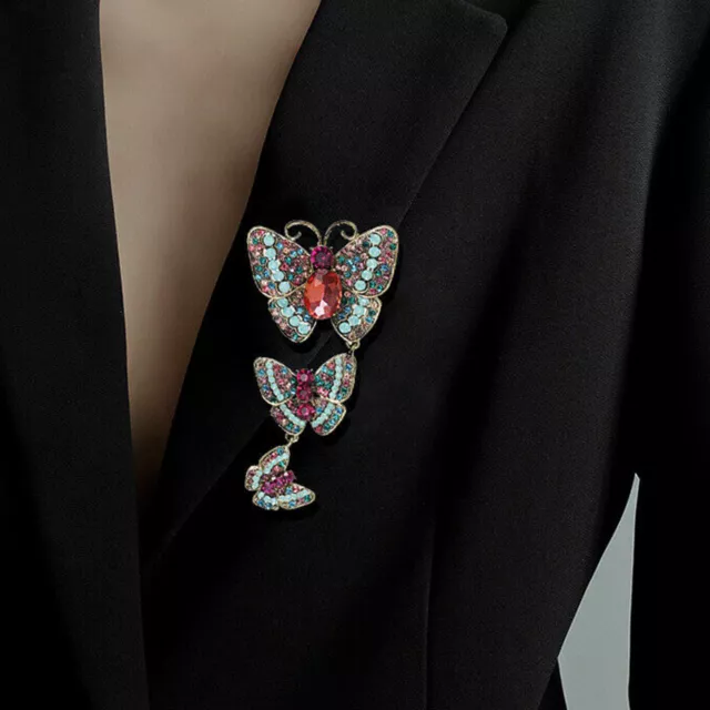 Vintage 3 Mariposa Colgante Mujer Broche Pin Diamantes de Imitación Multicolor