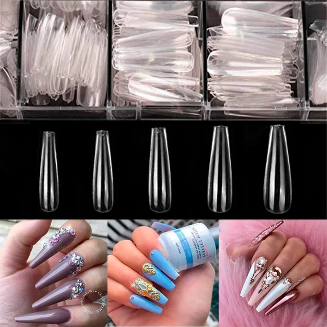 600pc Long Fake Nail Art Clear Acrylic Shaped Ballerina Artificial Nails Arts US