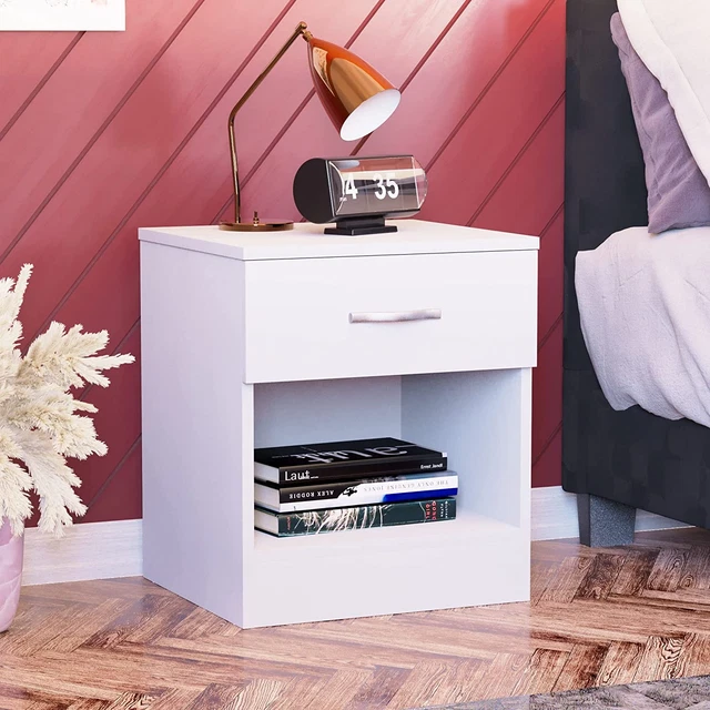 Vida Designs Cassetto comodino bianco, comodino, 1 cassetto, comodino, met