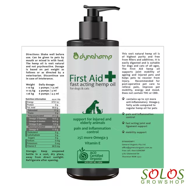 HEMP OIL FOR DOGS AUSTRALIAN CERTIFIED ORGANIC FIRST AID PAIN 250ml,500ml,5l