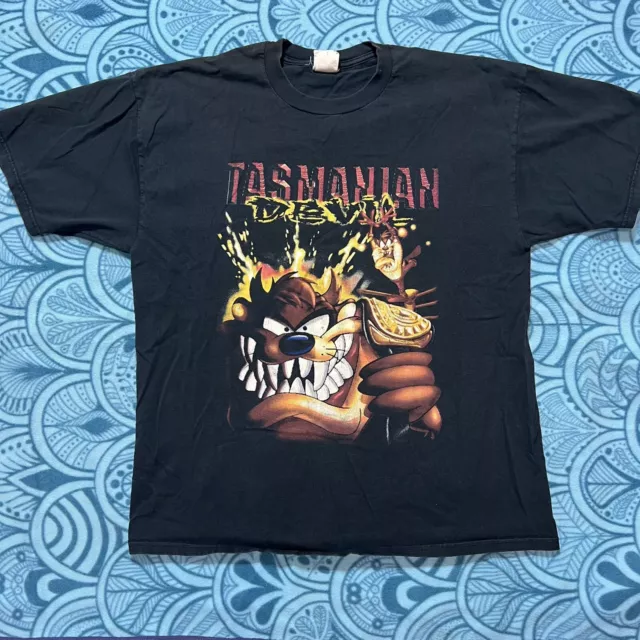 Vintage Looney Tunes Tasmanian Devil Wrestling Black Taz LTW T-Shirt Size L