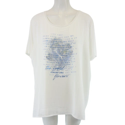 MORE & MORE Donna Estate T-Shirt Parte Superiore Bianco Stampa Blu Detto Nuovo