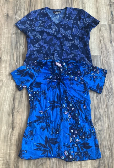 Lot of 2 Koi Women Scrub Tops Nurse Uniform Blue Floral Butterflies Sz Medium