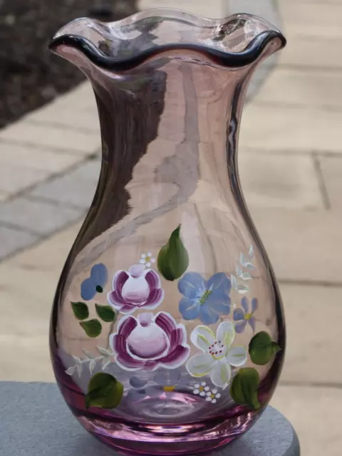 Fenton for Teleflora Ruffled Amethyst Purple Scalloped Rim Hand Painted 8" Vase