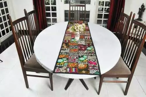 Tapestry Patchwork Indian Table Runner Black Embroidery Vintage Throw Handmade