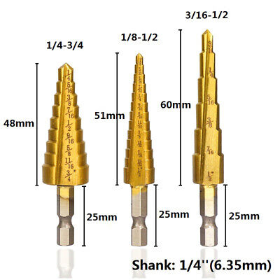 3Pcs Drill Bit Set Titanium Cone Step Quick Change 1/4" Shank Hole Cut HSS