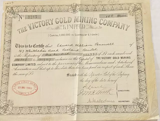 Australian Gold Mine Share Scrip 1889