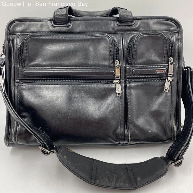 TUMI Alpha Series Black Leather Expanding Organizer Laptop Briefcase Bag 96114D4