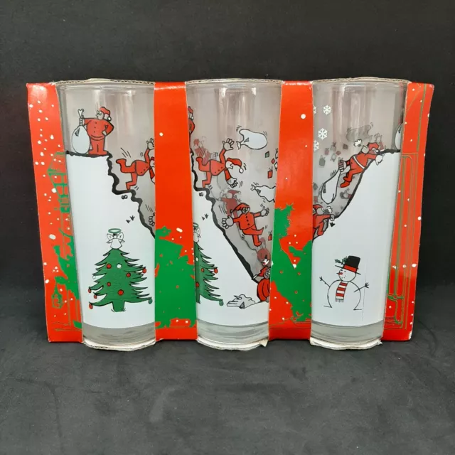 Vintage Christmas Hi-Ball Glasses Novelty Snowman Snow Xmas Tree x3 Boxed NOS