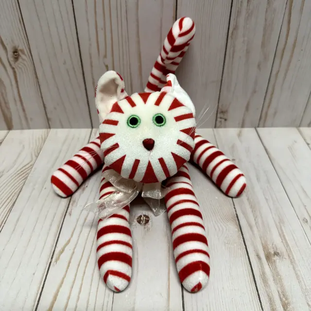 Bestever Candy Cane Kitty Christmas Plush Jointed Cat Striped Red White 11 Inch