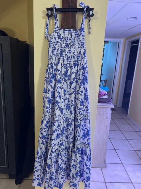 Tory Burch Blue Floral Smocked Maxi Sundress Large