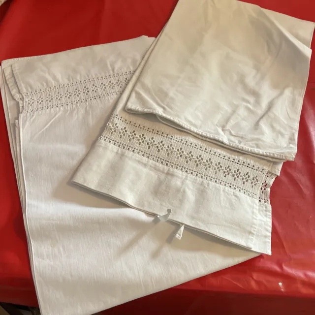 Vintage White Cotton Pillowcases Pair - 80 X 50 Cm Plus 1 X Double  142 X 50cm