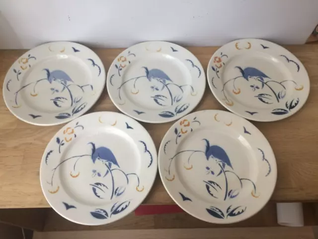 5 assiettes à dessert KG  Lunéville, décor Oiseau bleu