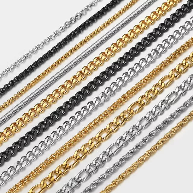 2-5mm Curb Figaro Rope Necklace Stainless Steel Silver/Black/Gold Plated Chain