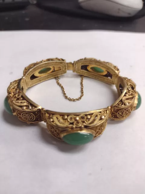 Antique Chinese Jade Gold Wash Silver Filagree Bracelet Chinese Export