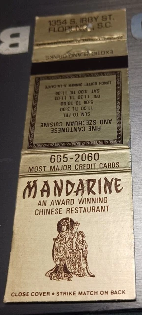 Vintage Matchbook Mandarine Chinese Restaurant Florence  South Carolina C76