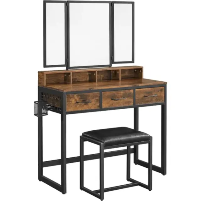 VASAGLE Dresser Table with Trifold Mirror Rustic Brown and Black
