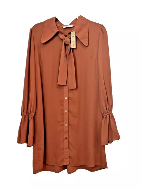 Rokoko by Dazz Women's Shirt Dress Brown Button Up Long Sleeve Tie Collar Large