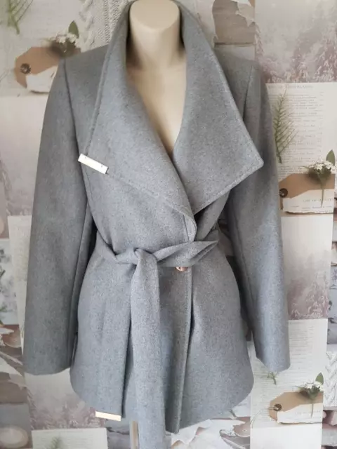 Ted Baker Keyla Grey Wrap Collar Belted Short Winter Jacket Coat Size 2 UK 10 3