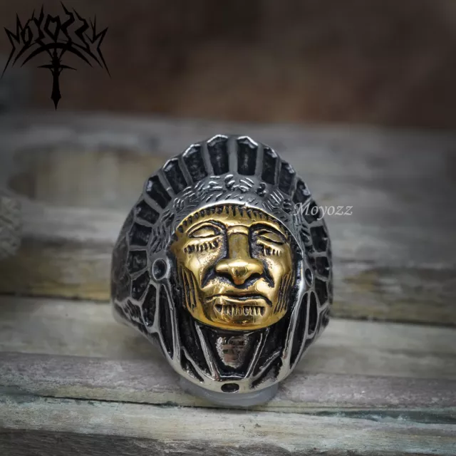 Mens Gold Plated Biker Indian Chief Head Ring Stainless Steel Size 7-16 Gift